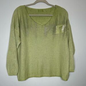 Made in Italy Faded Lime Green and Silver V-Neck Sweater Lightweight Size Small